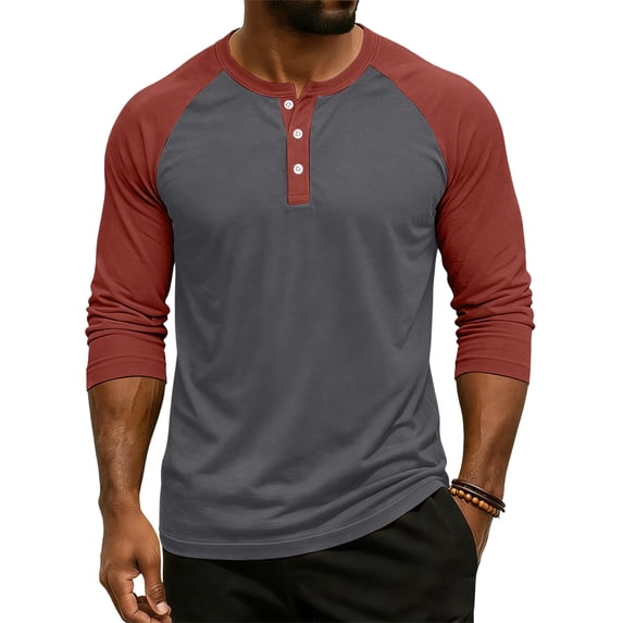 Gaukiv Men's Three Quarter Sleeve Shirts Color Block Henley Raglan Shirts Contrast Sleeve Baseball Tees Watermelon Red XL