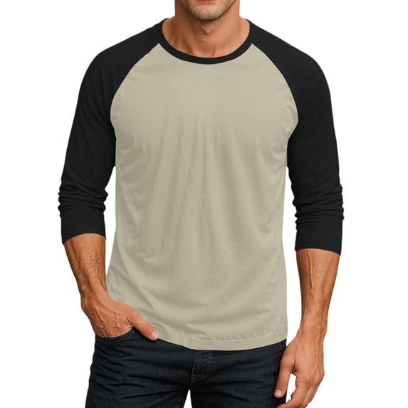 Gaukiv Men's Three Quarter Sleeve Shirts Color Block Raglan Crew Neck Shirts Contrast Sleeve Baseball Tops Beige XL