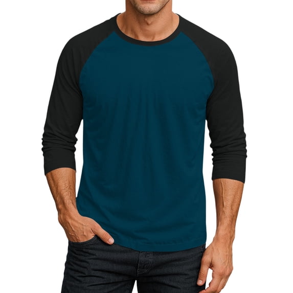 Gaukiv Men's Three Quarter Sleeve Shirts Color Block Raglan Crew Neck Shirts Contrast Sleeve Baseball Tops Dark Blue 2XL