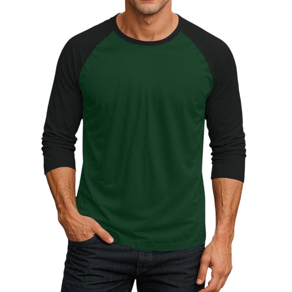 Gaukiv Men's Three Quarter Sleeve Shirts Color Block Raglan Crew Neck Shirts Contrast Sleeve Baseball Tops Dark Green 3XL