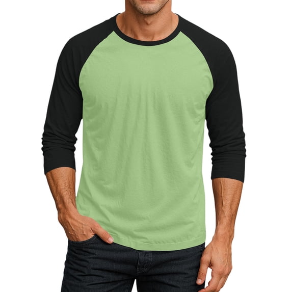 Gaukiv Men's Three Quarter Sleeve Shirts Color Block Raglan Crew Neck Shirts Contrast Sleeve Baseball Tops Light Green S