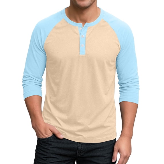 Gaukiv Men's Three Quarter Sleeve Shirts Contrast Henley Raglan Tees Color Block Baseball Shirts Beige L