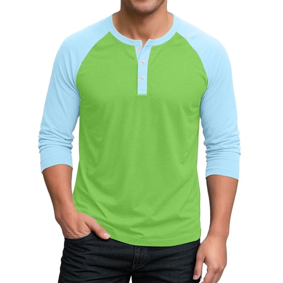 Gaukiv Men's Three Quarter Sleeve Shirts Contrast Henley Raglan Tees Color Block Baseball Shirts Green M