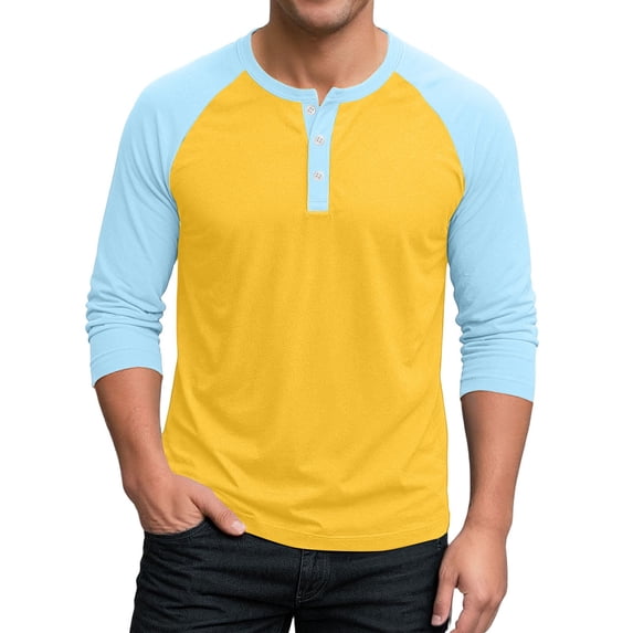 Gaukiv Men's Three Quarter Sleeve Shirts Contrast Henley Raglan Tees Color Block Baseball Shirts Yellow XL