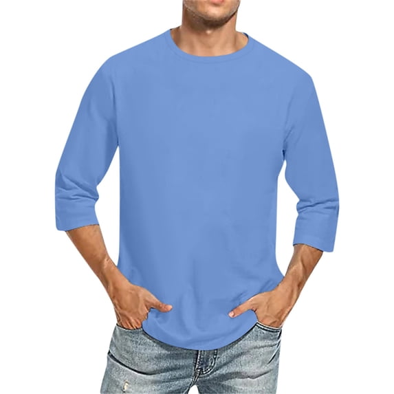 Gaukiv Men's Three Quarter Sleeve Shirts Crew Neck Solid Color Tees Basic Casual Shirts Blue L
