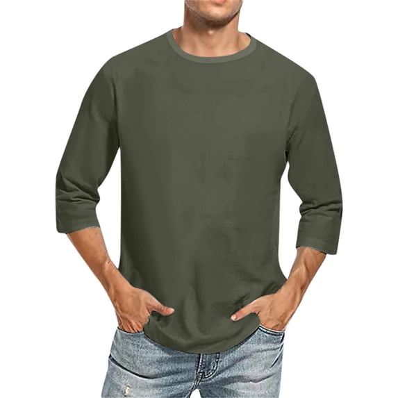 Gaukiv Men's Three Quarter Sleeve Shirts Crew Neck Solid Color Tees Basic Casual Shirts Dark Gray L