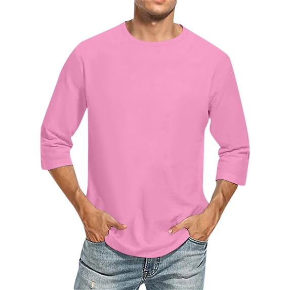 Gaukiv Men's Three Quarter Sleeve Shirts Crew Neck Solid Color Tees Basic Casual Shirts Pink 2XL