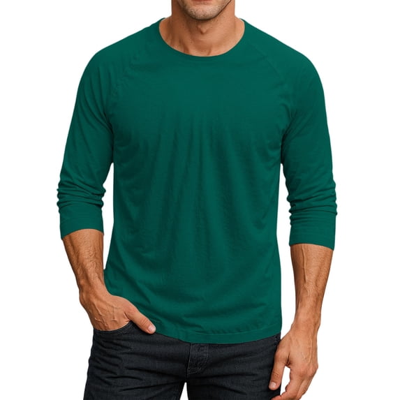 Gaukiv Men's Three Quarter Sleeve Shirts Raglan Crew Neck Shirts Solid Color Baseball Tops Dark Green S