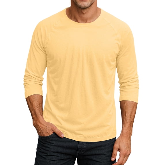 Gaukiv Men's Three Quarter Sleeve Shirts Raglan Crew Neck Shirts Solid Color Baseball Tops Yellow XL