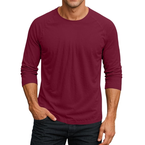 Gaukiv Men's Three Quarter Sleeve Shirts Raglan Crew Neck Tees Solid Color Baseball Shirts Deep Red 2XL