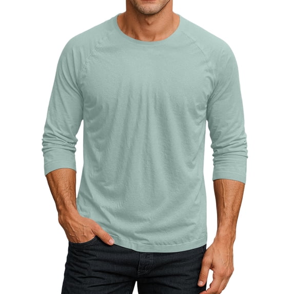 Gaukiv Men's Three Quarter Sleeve Shirts Raglan Crew Neck Tees Solid Color Baseball Shirts Light Blue L