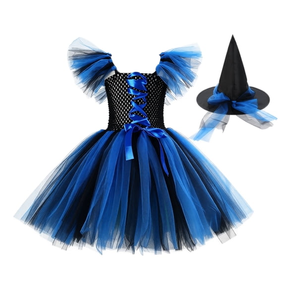 choiix Witch Tulle Dress and Hat Set with Lace‑Up Look Halloween Costume Dress with Layered Tutu Dress and Witch Hat Cosplay Dress for Party 130