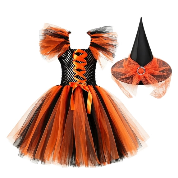 choiix Witch Tulle Dress and Hat Set with Lace‑Up Look Halloween Costume Dress with Layered Tutu Dress and Witch Hat Cosplay Dress for Party 130