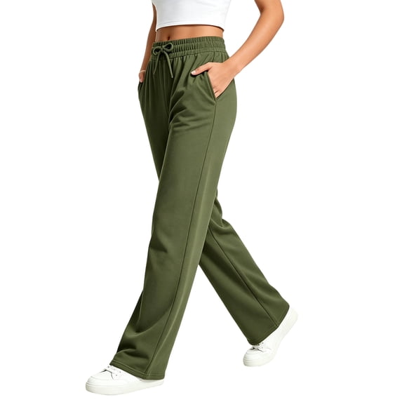 choiix Women's Fleece Lined Sweatpants with Pockets Drawstring Wide Leg Joggers Loose Casual Lounge Trousers Army Green M