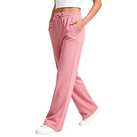 choiix Women's Fleece Lined Sweatpants with Pockets Drawstring Wide Leg Joggers Loose Casual Lounge Trousers Pink S