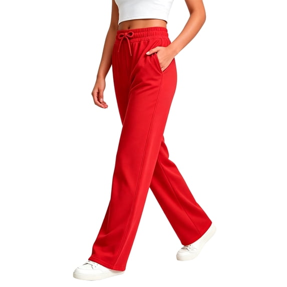 choiix Women's Fleece Lined Sweatpants with Pockets Drawstring Wide Leg Joggers Loose Casual Lounge Trousers Red S