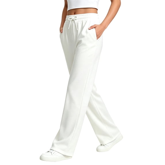 choiix Women's Fleece Lined Sweatpants with Pockets Drawstring Wide Leg Joggers Loose Casual Lounge Trousers White S