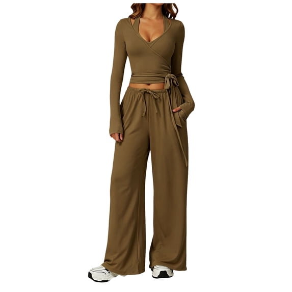 choiix Womens 3 Piece Athleisure Set with V Neck Wrap Top and Wide Leg Pants Versatile Lounge Tracksuit Matching Sweat Suit M