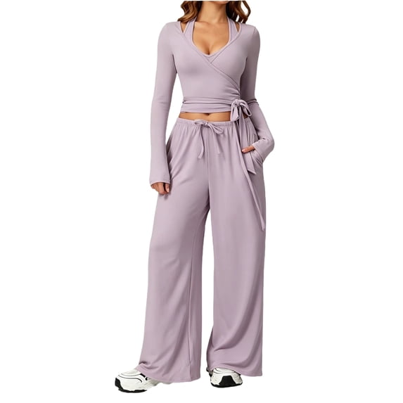 choiix Womens 3 Piece Athleisure Set with V Neck Wrap Top and Wide Leg Pants Versatile Lounge Tracksuit Matching Sweat Suit S