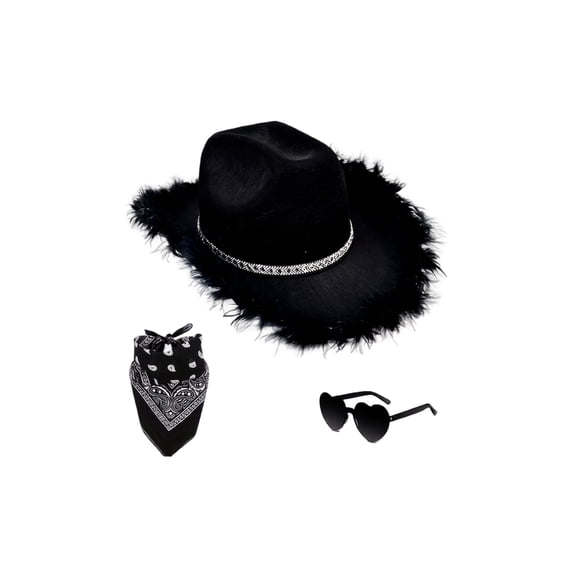 choiix Womens Halloween Cowboy Hat Set Furry Brim Rhinestone Band With Glasses And Bandana Costume Accessory Party Prop Fancy Dress