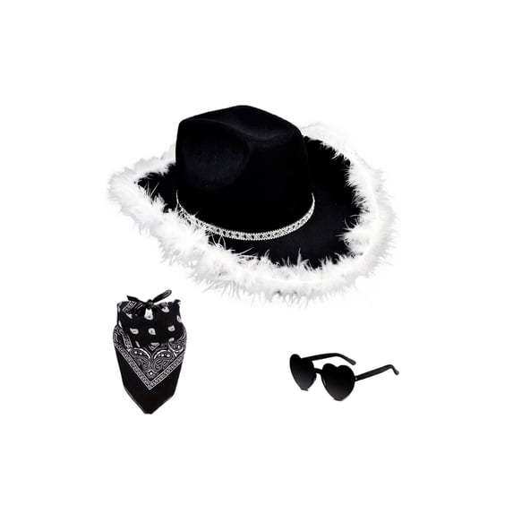 choiix Womens Halloween Cowboy Hat Set Furry Brim Rhinestone Band With Glasses And Bandana Costume Accessory Party Prop Fancy Dress