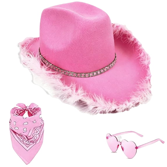 choiix Womens Halloween Cowboy Hat Set Furry Brim Rhinestone Band With Glasses And Bandana Costume Accessory Party Prop Fancy Dress