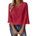 thumbnail image 1 of Gaukiv Womens Three Quarter Sleeve Tops Embroidered Linen Blouses Split Neck Tunics Red L, 1 of 4