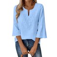 thumbnail image 1 of Gaukiv Womens Three Quarter Sleeve Tops Embroidered Linen Blouses Split Neck Tunics Sky Blue 2XL, 1 of 4