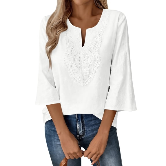 Gaukiv Womens Three Quarter Sleeve Tops Embroidered Linen Blouses Split Neck Tunics White XL