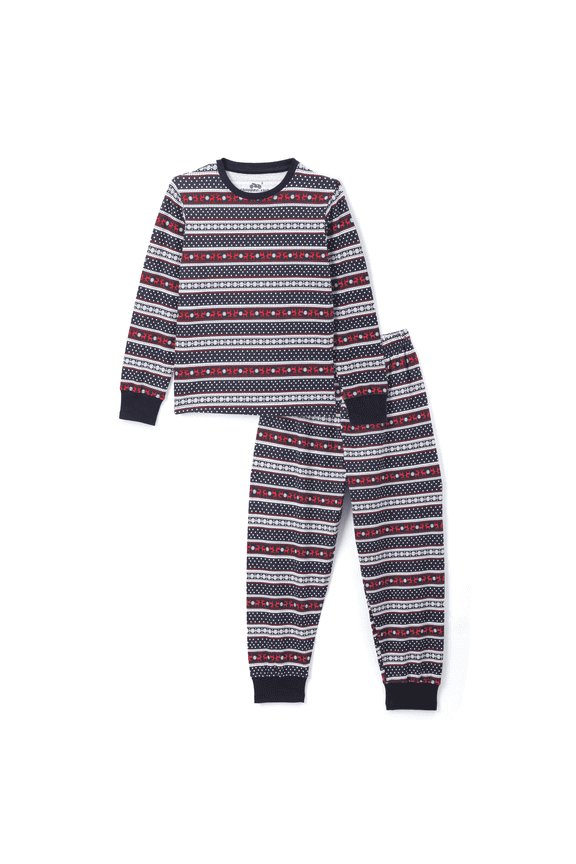 Boys' Cotton Knit Payjama Set – Navy Christmas Print, Long Sleeve Sleepwear, Sizes 6-16 (6-13 Years), Regular Fit with Cuffed Sleeves & Bottoms
