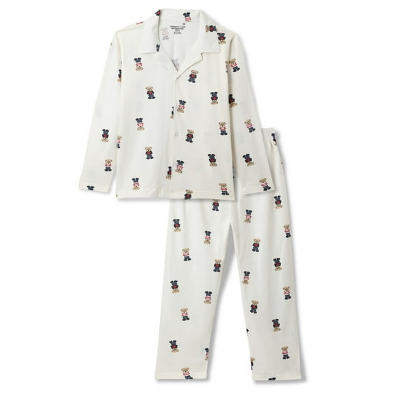 chopper club Boys' Cotton Knit Pajama Set – Teddy Print, Long Sleeve Sleepwear, Sizes 6-16 (6-13 Years), Regular Fit with Cuffed Sleeves & Bottoms US14