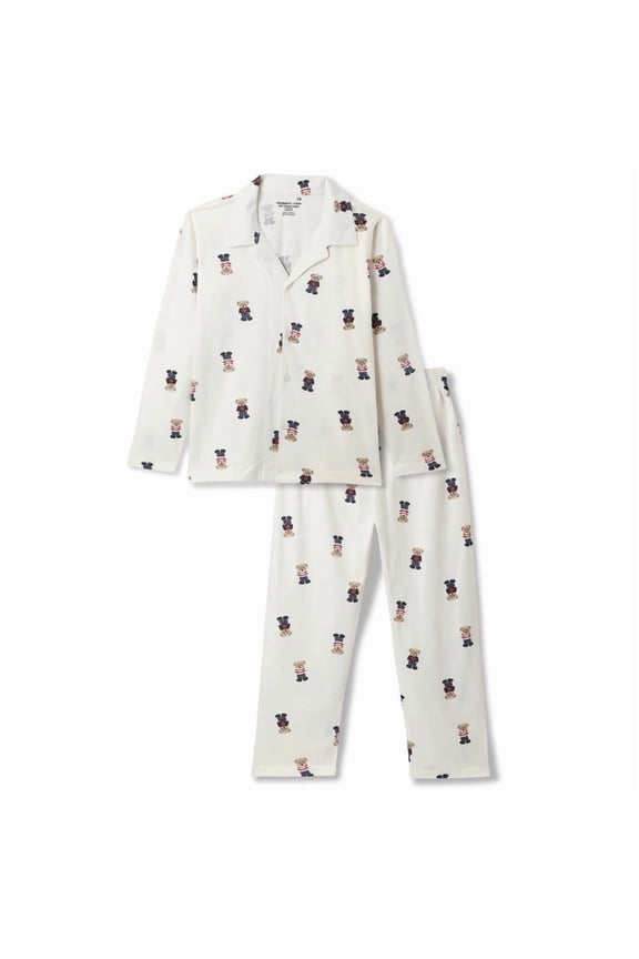Boys' Cotton Knit Pajama Set – Teddy Print, Long Sleeve Sleepwear, Sizes 6-16 (6-13 Years), Regular Fit with Cuffed Sleeves & Bottoms US6