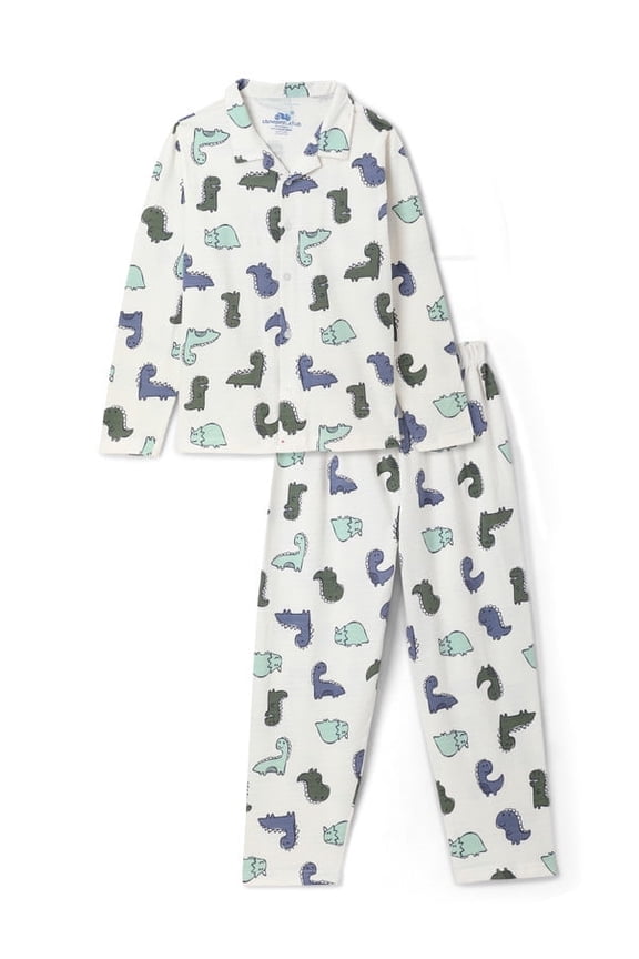 Boys' Cotton Knit Pajama Set – dino Print, Long Sleeve Sleepwear, Sizes 6-16 (6-13 Years), Regular Fit with Button Down Shirt US12