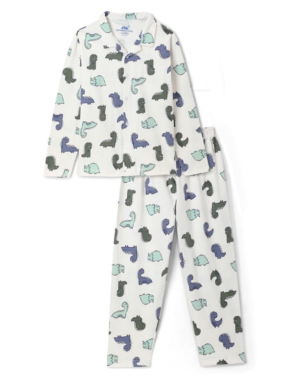 Boys' Cotton Knit Pajama Set – dino Print, Long Sleeve Sleepwear, Sizes 6-16 (6-13 Years), Regular Fit with Button Down Shirt US4