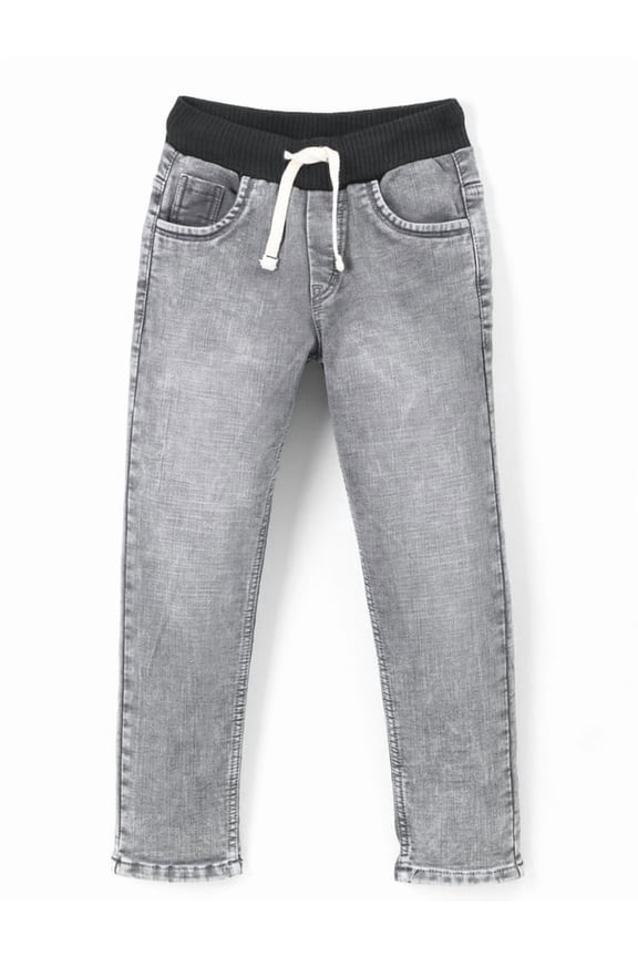 Boys Jeans in Premium Stretchable CottonKnitted Denim Fabric in Slim Fit and Half Cotton Rib Elastic + Button +Zip +Drawstrings Blue Full RIB grey 10