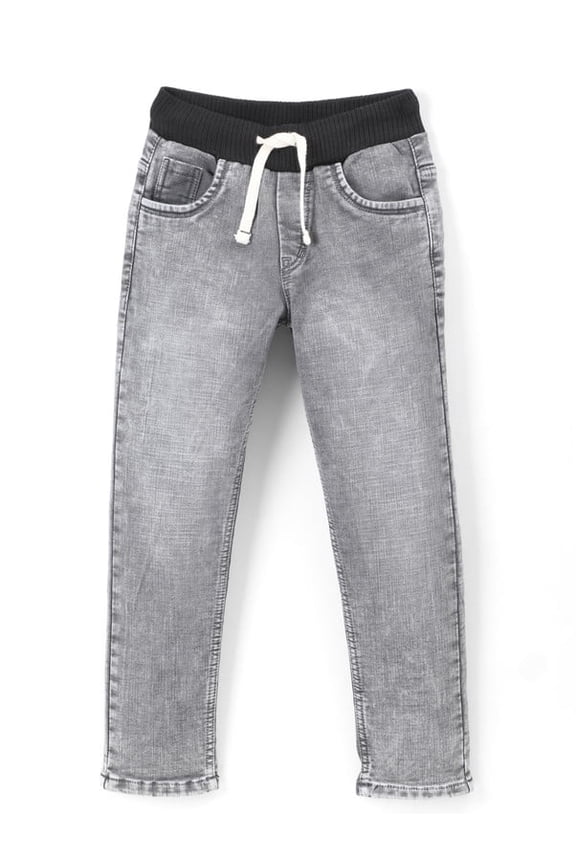 Boys Jeans in Premium Stretchable CottonKnitted Denim Fabric in Slim Fit and Half Cotton Rib Elastic + Button +Zip +Drawstrings Blue Full RIB grey 12
