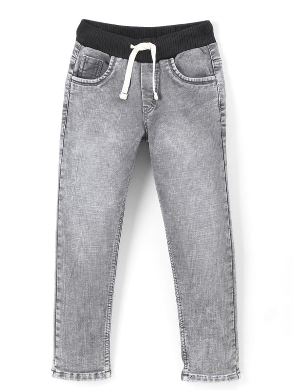Nautinati Boys' 100% Cotton Distressed Spaceship, Star Applique & Typography Print Stretchable Jeans with Drawstrings