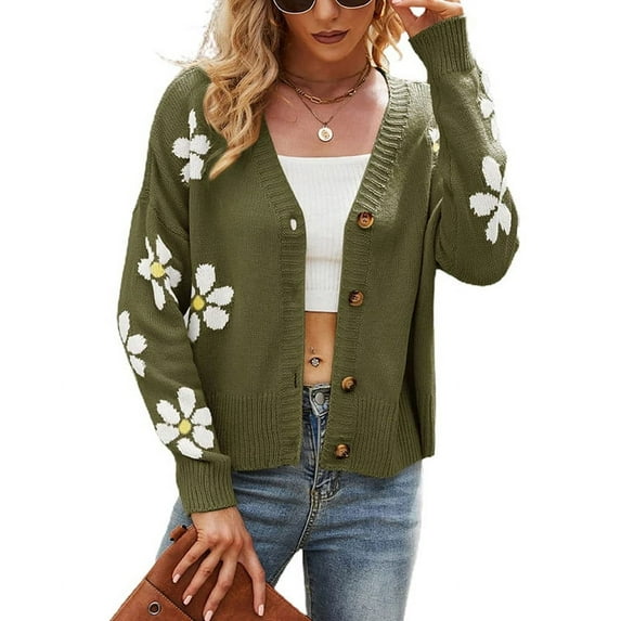 chouyatou Women's Fall Cute Daisy Button Jacquard Knit Cardigan Sweater Jacket
