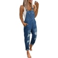 thumbnail image 1 of chouyatou Women's Fashion Jean Bib Overalls Adjustable Straps Ripped Distressed Denim Denim Pants, 1 of 4
