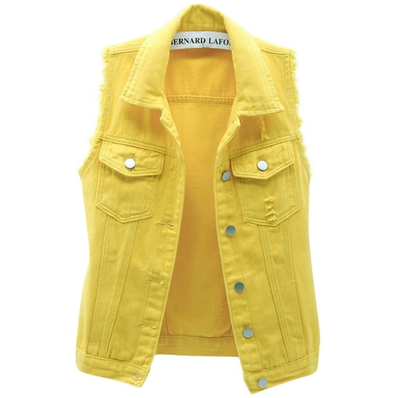 chouyatou Women's Fashion Sleeveless Regular Lightweight Button Front Candy Color Ripped Denim Vest Jacket