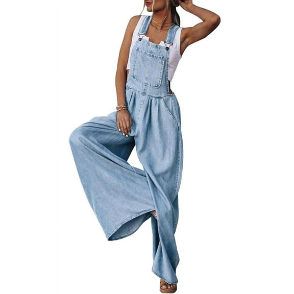 chouyatou Women's Loose Adjustable Strap Wide Leg Palazzo Denim Bib Overall Jeans Pants(LightBlue,L)