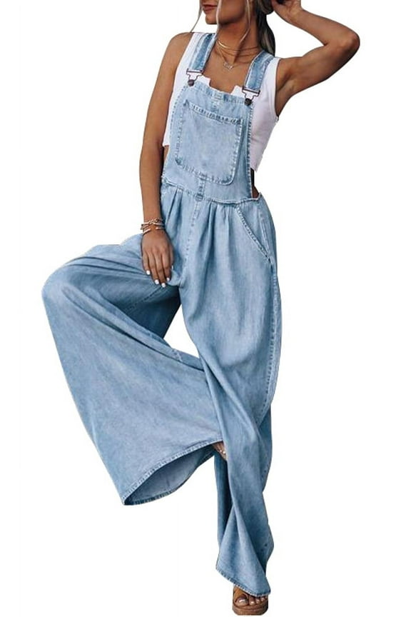 Women's Loose Adjustable Strap Wide Leg Palazzo Denim Bib Overall Jeans Pants(LightBlue,L)