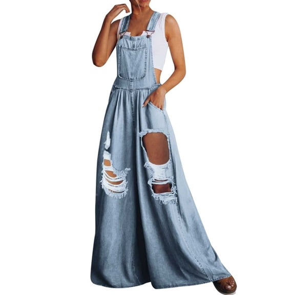chouyatou Women's Loose Adjustable Strap Wide Leg Palazzo Denim Bib Overall Jeans Pants(Rip LightBlue,XS)