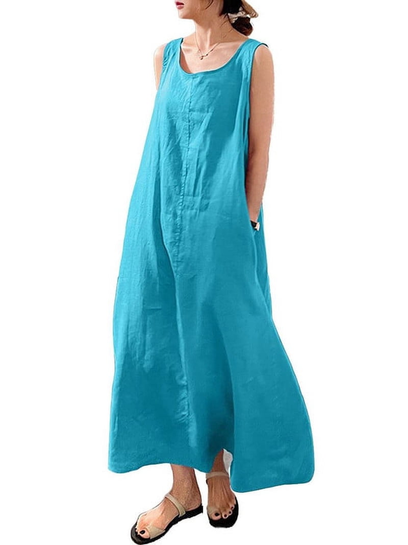 chouyatou Women's Summer Casual Sleeveless Cotton Sun Dress Maxi Tunic Tank Beach  Dress with Pocket - Walmart.com