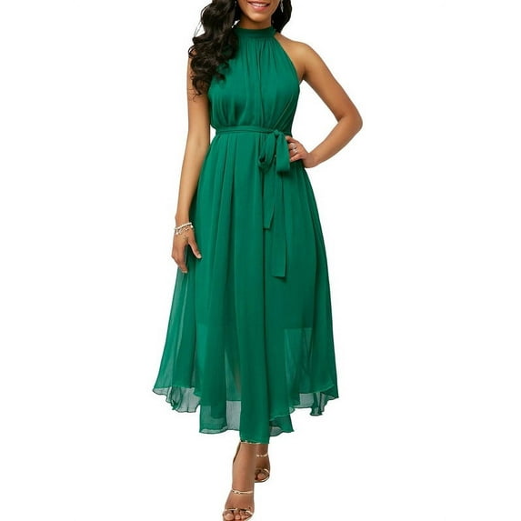 chouyatou Women's Summer Halter Neck Sleeveless Party Beach Maxi Chiffon Dress