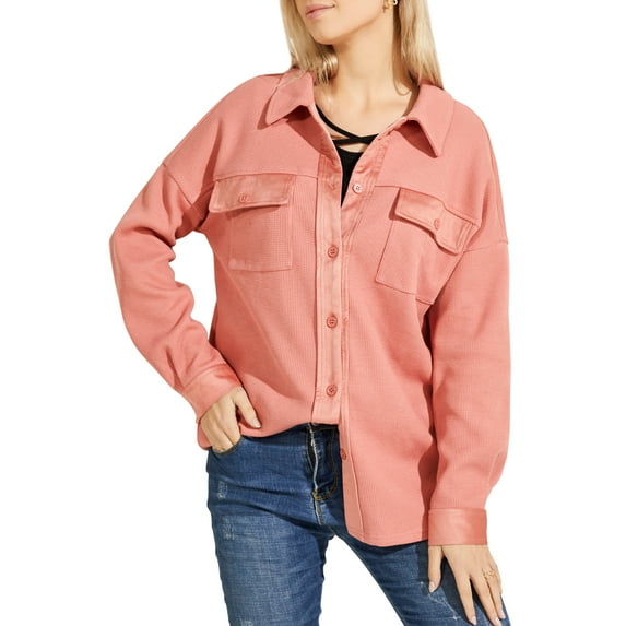 chouyatou Women's Vintage Spread Collar Waffle Knit Button Down Sweatshirt Over-Shirt Shacket Jacket