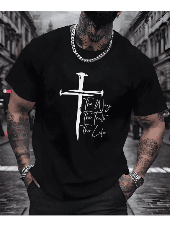 christian t shirt for men, religious graphic tee, cross print tshirt, faith mens shirt, the way the truth the life tee, church casual top, men streetwear cotton tee, christian gift for him