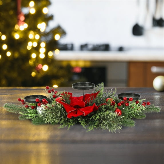 Rattan Garland Three-Legged Candlestick Holder - Rustic Christmas Table Decor, Farmhouse Centerpiece, Holiday Candlelight Dinner Party Ornaments