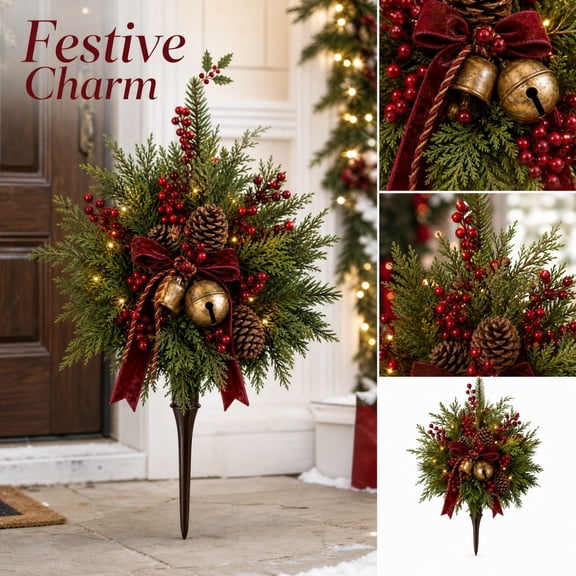 christmas flowers for outside, 15.75*23.62 In Artificial Cedar Pine Needle Ground Stake, Red Berry Pinecone Accent for Outdoor Yard Seasonal Decor Enthusiasts