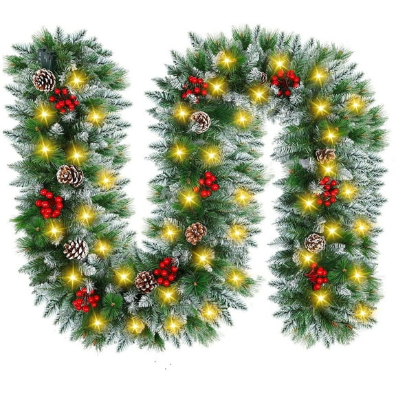 BN-LINK 9FT Christmas Garland with 8 Lighting Modes, Battery Operated Garland with Pine Cones Red Berries, 50 LED Lights & 240 Branch Tips, Christmas Decor for Indoor Outdoor Home